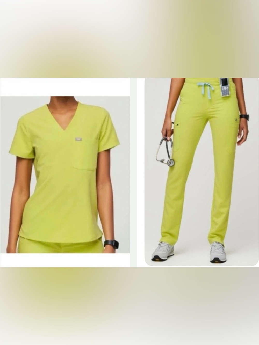 💛💚FIGS set Catarina One-Pocket Top & Yola Skinny Pants. Color-Citrine. Large EUC